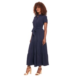 London Times Women's Dresses Women's Button Down Short Sleeve Tiered Maxi Dress with Pockets and Belt - Casual Long Summer Dress, Navy, Small