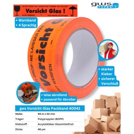 gws Warning Tape Caution Glass, 1 Roll Hallway Orange PVC, Strong Packaging Tape in Professional Quality, Warning Tape, Parcel Tape, 50 mm x 66 m