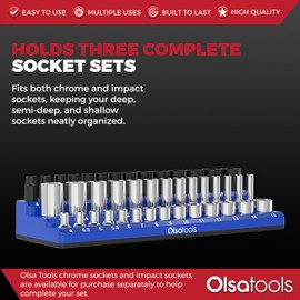 Olsa Tools Magnetic Socket Organizer (1/4-Inch Drive, 3 Row) - Magnetic Tool Organizer & Socket Holder - Tool Box Socket Organizers - Metric Blue - Holds 42 Sockets - Professional Grade - Part: 1554