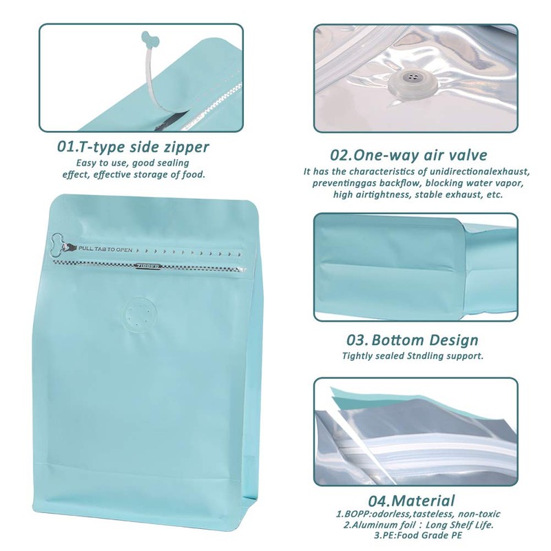 REMTAP Coffee Bags with Valve(50pcs,8oz) Blue High Barrier Aluminumed Foil