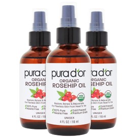 PURA D'OR ORGANIC Rosehip Seed Oil Hair Relaxer (4 Oz x3 = 12 Oz) 100% Pure Cold Pressed USDA Certified All Natural Anti-Aging, Scar Treatment, Gua Sha Massage, Face, Hair & Skin - Women & Men