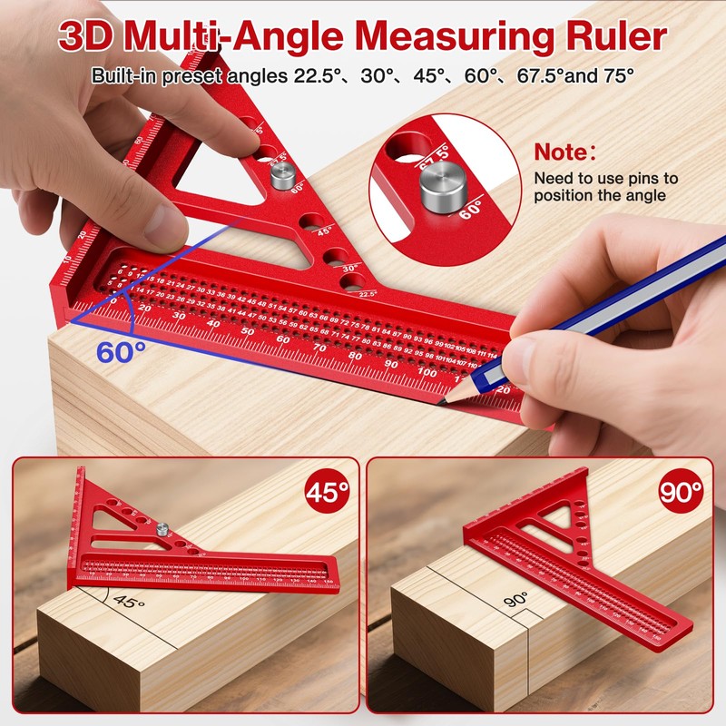 Preciva 3D Speed Square with Pencil, 22.5-90° Multi Angle Combination