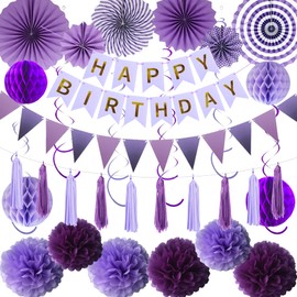 Purple Birthday Party Decorations Banner - 57 Pcs Paper Fan Pompoms Set with Pennants Bunting Hanging Swirls, Happy Birthday Banners Honeycomb Balls Decoration for Women Girls