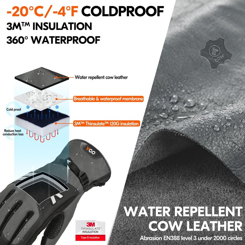 Vgo... 1 Pair -20℃/-4°F Waterproof Winter Work Gloves Cold Weather