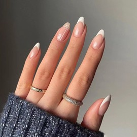 JUSTOTRY 24 Pcs Swirl Short False Nails Oval, Beige White French Press on Nails Pattern,Nude Fake Nails Short with Nail Glue,Almond Stick on Nails for Women,Nails Fake Nail Medium for Nails Art