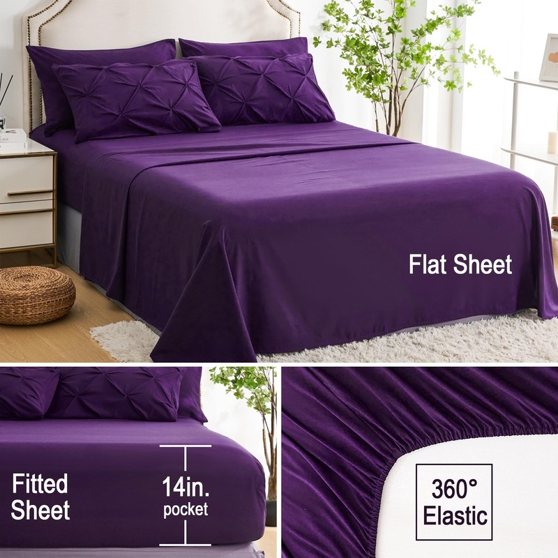 Ubauba 5pc Twin Size Comforter Set with Sheets, Purple Pintuck
