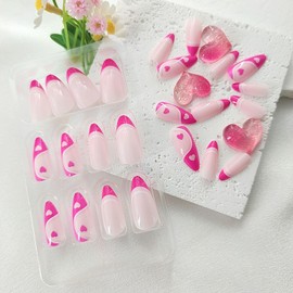 Almond Press on Nails Medium Fake Nails with Hearts Designs 24Pcs Lines Glue on Nails Rose Red French Tip Acrylic False Nails Glossy Nails Press ons for Girls