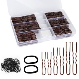 300Pcs U Shaped Hair Pins, 2.8IN 100Pcs, 2.4IN 100Pcs, 2IN 100Pcs Bobby Bun Pins for Women Kids Girls, with Storage Box 2Pcs Thick Seamless Hair Ties 50Pcs Elastic Hair Bands, for All Hair Type Brown