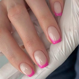 Pink French Tip Press on Nails Short Square Fake Nails with Designs Daily Wear False Nails Press ons Glossy Nude Full Cover Glue on Nails Reusable Acrylic Stick on Nail for Women Manicure 24Pcs
