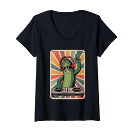 Womens Retro Cucumber DJ Cucumbers Sound Tech V-Neck T-Shirt