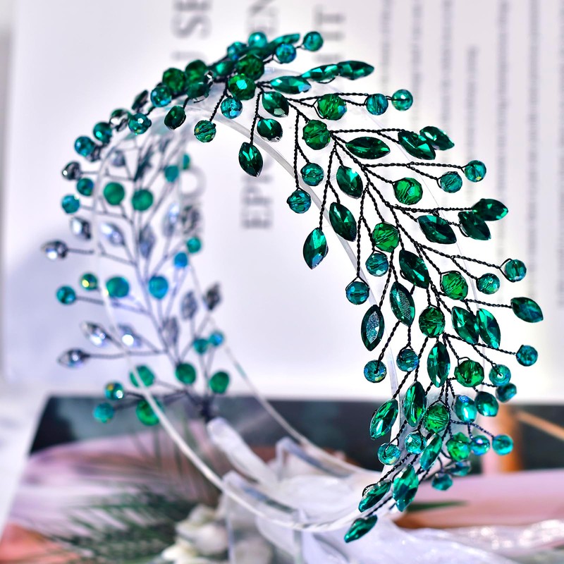 JHOO Bride Wedding Hair Accessories Emerald Rhinestone Headband Elegant Bridal
