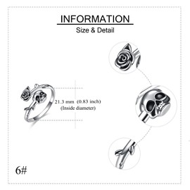 ONEFINITY Gothic Skull Ring Open Wrap Rose Flower Skeleton Statement Ring Sterling Silver Retro Vintage Cocktail Party Punk Jewelry for Women Men (8)