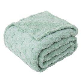 LINENOVA Sage Green Plaid Sherpa Throw Blanket - 300GSM Checkered Coral Fleece Blanket, Soft & Lightweight for All Seasons, Jacquard Decorative Blanket for Couch or Bed (127x152cm)