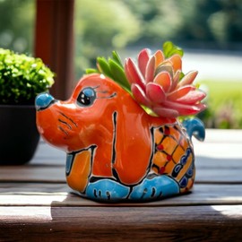 Handmade Talavera Dog Succulent Mini Planter with Tongue Sticking Out - 5.5” x 3.5” with Drainage Hole