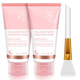 2 Pack Collagen Night Wrapping Mask with Brush 2.53 fl.oz, Collagen Overnight Peel Off Facial Mask, Hydrolyzed Collagen Face Mask, Reduces Sagging & Dullness - Hydrolyzed Face for Glowing Glass Skin