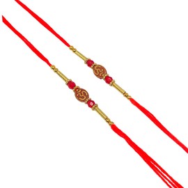 JAGMOR set of 2 OM Rakhi for Brother Bhaiya Bhabhi, Oval Om with Red Crystal and golden Long Rings Rakhi Thread. rakhi set of 2 | rakhi bracelet | | rakhi for boy | Indian Rakhee