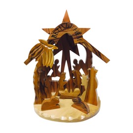 Logos Trading Post Holy Land Olive Wood Nativity Scene, Christmas Ornament, 3D Grotto, Made in Bethlehem - Large