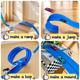 KASRI Flex Track 15 Ft Starter Set - Flexible Race Car Ramp Track for Kids Ages 3-8 with 4 Cars & 12 Suction Cups, Compatible with Hot Wheels & 1/64th Diecast Cars, Portable Blue Racetrack Toy