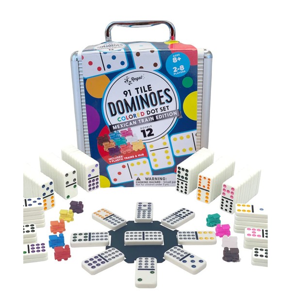 Regal Games - Double 12 Mexican Train Dominoes - Colored Dots Set - Fun Family-Friendly Dominoes Game - Includes 91 Tiles, Collector's Case & Plastic Hub w 9 Plastic Trains - Ideal for 2-4 Players