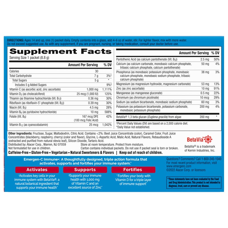Emergen-C Immune+ Triple Action Immune Support Powder, BetaVia (R), 1000mg