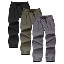 Neer 3 Pack Men's Casual Chino Pants, Summer Lounge Elastic Waist Drawstring Straight Leg Outdoor Pants Trousers with Pockets(Black, Dark Gray, Army Green,M)