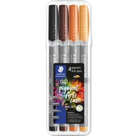 STAEDTLER 371 Pigment Brush Pens | Pigment Arts Adult Fibre-Tip Colouring Pen | Ideal for Calligraphy, Brush Lettering, Drawing, Illustrations | Beginners to Professionals (Wallet of 4, Sepia Set)