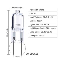 GY6.35 Light Bulbs, 12V 50W Crystal Clear Halogen Bulb 2 Pin, T4 JC Bi-Pin Base G6.35 Capsule Bulb, Dimmable, 2700K Warm White, 2 Prong for Pendant Light Table Lamp (watts, 50)