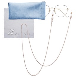 Joli Ciel Extra Fine Glasses Chain, Eyeglass Strap, No Tangle Hair, Stainless Steel Snake Chain, Pink Gold + Glasses Case
