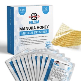 Hilom Medical Grade Manuka Honey Gauze Dressing 4 inch x 4 inch (10 Pack - Non-Adherent) |First Aid for Minor Wounds Such as Cuts or Advanced Wound Care of Bed Sores, Burns, or Lacerations