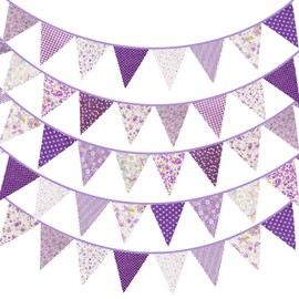 Whaline 40ft Fabric Bunting Banner Purple Floral Vintage Bunting Flags Reusable Cotton Triangle Flag Garland with 42pcs Pennants for Baby Shower Garden Wedding Birthday Party Decoration