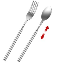 GEEHUA Extendable Fork Spoon, Telescopic Fork and Spoon Set, Stainless Steel Long Fork Retractable Dinner Spoon, Expandable Spoon for Barbecue, Fruit, Dessert, Extending to 64 cm