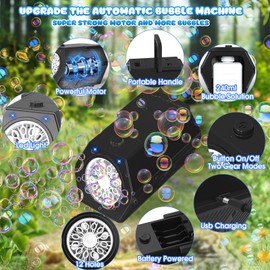 PANACARE Automatic Bubble Machine Portable Bubble Blower with LED Lights /240ml Bubble Solution/10000+ Bubbles Per Minute/12Holes Bubble for Outdoor/Indoor Wedding Party Birthday Gifts