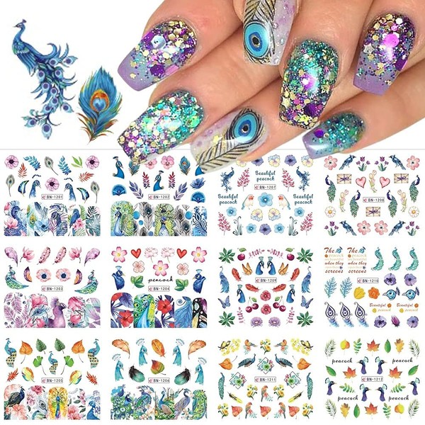 Changar Nail Art Stickers Peacock Feather Nail Stickers Flower Leaf Grass Water Nail Stickers 12 Sheets Peacock Feather DIY Nail Decorations Manicure Tips for Women Girls Kids