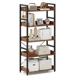 LOKO Industrial 5-Tier Bookshelf, 57” Tall Storage Shelves with 4 Hooks, Freestanding Storage Rack with Metal Frame, Vintage Standing Display Rack for Living Room, Balcony, Kitchen (1, 5-Tier)