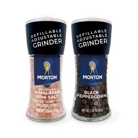 Morton, Himalayan Pink Salt (2.5 Oz) & Black Peppercorn (1.2 Oz) Grinder Set, Refillable & Adjustable (Pack of 2)
