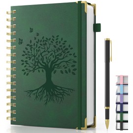 Notebook A5 Lined, Hardcover Leather Spiral Journal with Pen, 240 Pages 100gsm Thick Paper, College Ruled Journal Notebook for Women Men Writing School Office 14.5 x 21 cm Dark Green