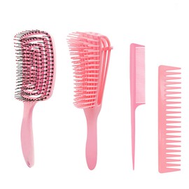 Tiardey Hair Brush, Wide Tooth Comb for Curls for Thick Frizzly Wavy Kinky Curly, Hair Brush Women Non-Slip Extension Handle, Colourful Makeup Bag & Four Piece Eight Claw Comb Set (Pink)
