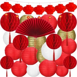 38Pcs Chinese New Year Decorations 2026, Lunar New Year Paper Fan Lantern Decoration Set, Oriental Red Lucky Chinese Hanging Ornaments Ceiling Wall Decor for 2026 Chinese Spring Festival Year of Horse