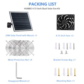 VUEBEE Solar Panel 2 Fan Kit, 20W Solar Powered Fan for Chicken Coops, Greenhouses, Sheds, Intake & Exhaust, 3500RPM, IP67 Waterproof, 360° Adjustable Mount, 8.8FT Cable