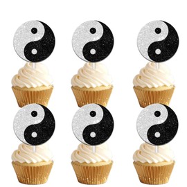 18pcs Red Glitter Dessert Cupcake Topper Yin Yang Tai Chi Theme Men Women Boys Girls Happy Birthday Party Decorations