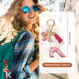MECCANIXITY Initial Letter Keychain, Cute Tassel Butterfly Keychain Alphabet K Letter Charm for Women Girls Key Purse Handbag Backpack (Rose Red, Pack of 1)