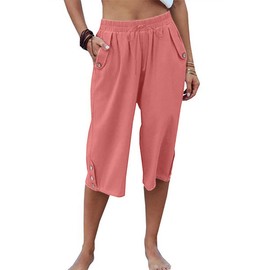 Larmliss Womens Casual Capri Pants Elastic Waist Solid Color 3/4 Wide Leg Summer Trousers with Pockets 72-Pink 3X-Large