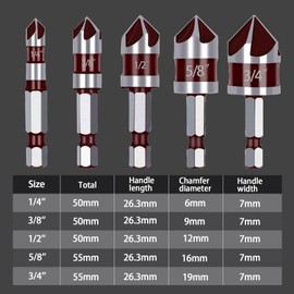 5PCS Countersink Drill Bit Set, 82° 5-Flute HSS with 1/4" Hex Shank, Titanium Aluminum Nitride Coated, Sizes 1/4” to 3/4”, Fits for Metals, Wood, Plastic, Quick Change, Includes Storage Case