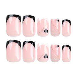 24pcs French Tip Press on Nails Short Square Fake Nails Set Black White Edge Heart Stick on Nails Glitter Gold Swirl Glue-on Nails False Nails Valentines Day Women Brides Nail Art Accessories