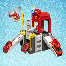 BPC Toy Garage Set 2 Level Double Story City Parking Garage Play Set with Fire Truck and Helicopter