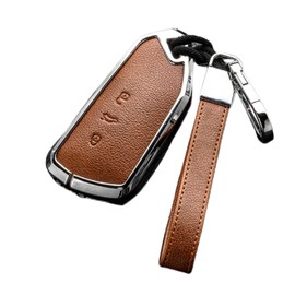 Happyit Zinc Alloy Leather Car Key Cases for VW Volkswagen Golf 8 2020 Skoda Octavia A8 2021 Seat Leon MK4 3 Buttons (Brown+Silver)