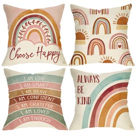 Fjfz Boho Rainbow Inspirational Decorative Throw Pillow Covers 18 x 18 Set of 4, Motivational Quote Sun Sunshine Porch Outdoor Home Nursery Decor, Bohemian Positive Kids Bedroom Couch Cushion Case