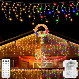 echosari Christmas Icicle Lights Battery Operated, 102 LED Outdoor Icicle Lights Color Changing with Remote for Yard Wedding Holiday Outdoor Decoration (Warm White & Multi Colored)