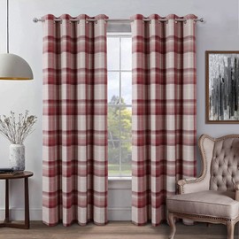 always4u Red Check Curtains Plaid Farmhouse Window Curtains Highland Woolen Look Grommet Drapes for Living Room Bedroom 2 Panels 54 * 63 Inches