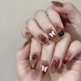 24Pcs Medium Coffin Press on Nails Fall Brown Fake Nails Gradient French Tip Acrylic Press ons Butterfly Flower Design Artificial False Nails Natural Full Cover Stick on Nails for Women and Girls